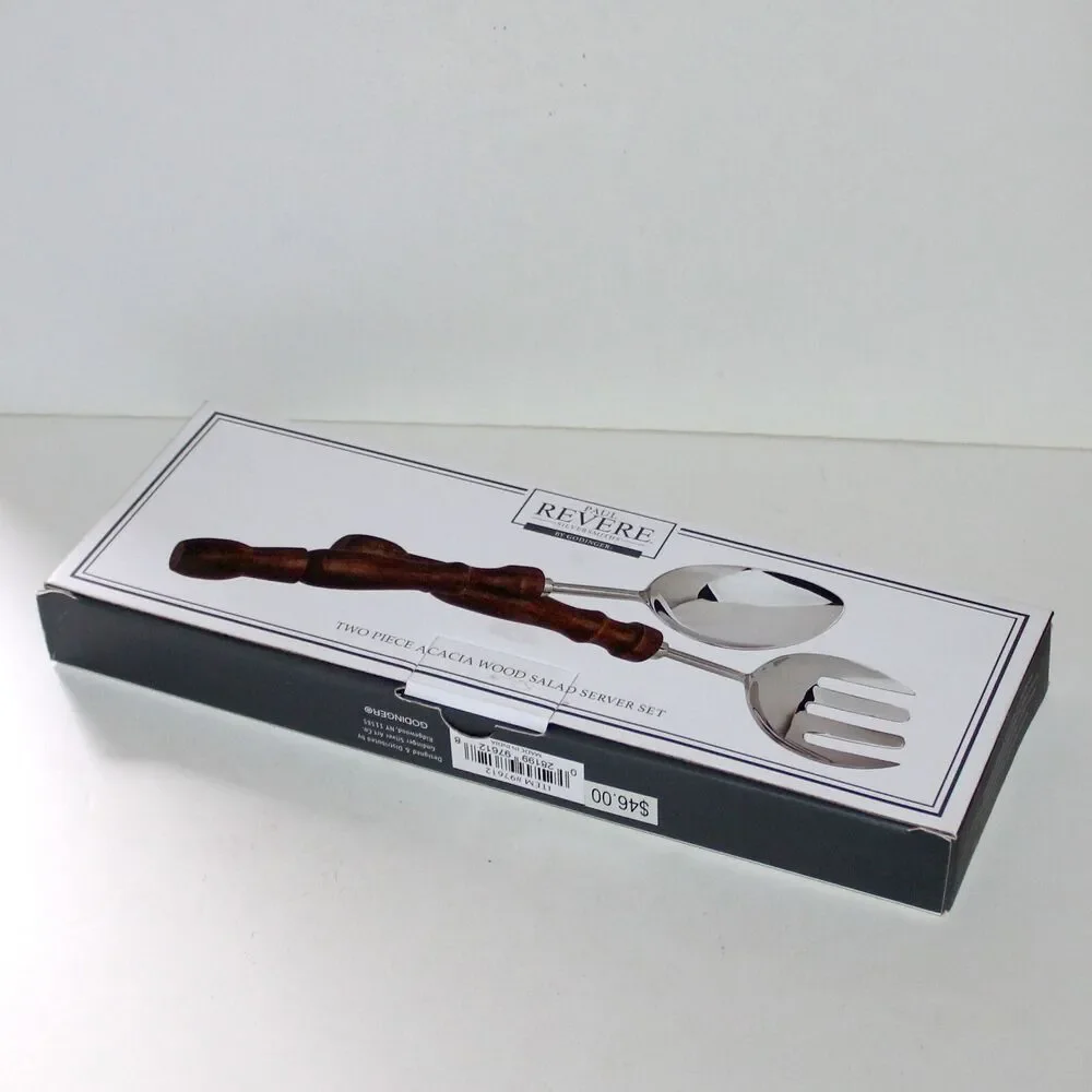 Paul Revere 2 Piece Salad Server Set Godinger Stainless Steel Acacia Wood NEW